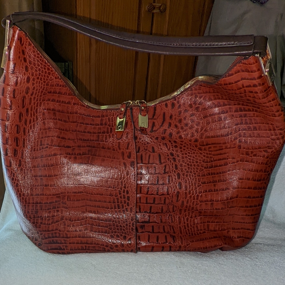 G.I.L.I Cognac brown croc embossed large hobo bag.